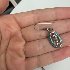 Unicorn Earrings Blue Silver Horse Oval Dangling